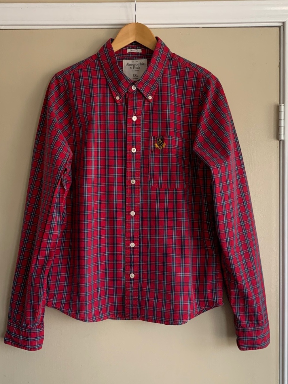 Abercrombie & Fitch Muscle Red Plaid Button Down Shirt 90s Y2K Retro Logo XL-XXL